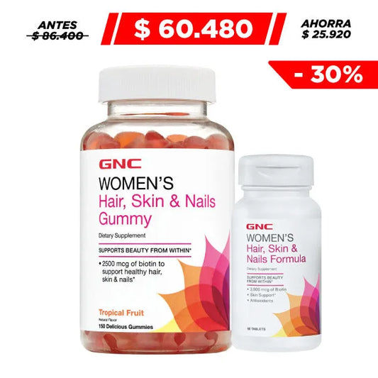 Women's Hair, Skin & Nails Formula 60 Tabletas + Women’s Hair, Skin & Nails Gummy 150 Gomitas GNC - Zona FIT