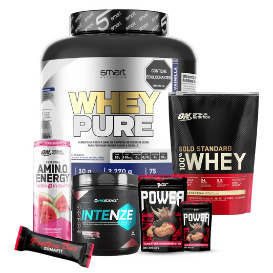 Whey Pure 5 lb + Gold Standard 22 serv + Intenze 14 serv + Creatina Power 500 g y 150 g + Obsequios