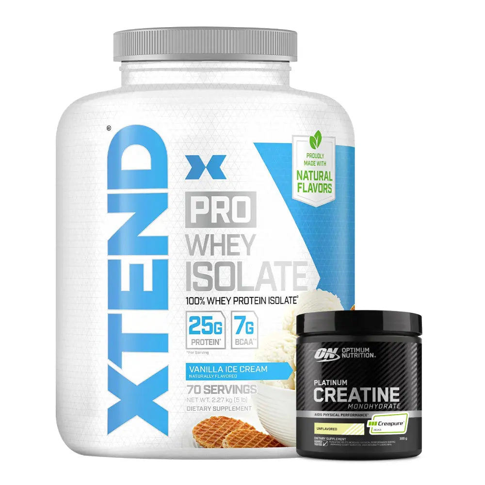 Proteína XTEND Pro Whey Isolate sabor vainilla y creatina Platinum de Optimum Nutrition para rendimiento físico
