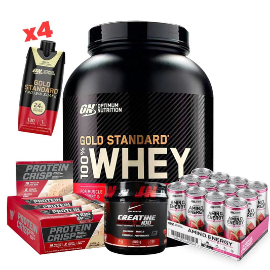 Gold Standard 5 lb + Creatine Iron 500 gr + 12 unid Lata Amino Energy + 12 unid Barras de Proteína - Zona FIT