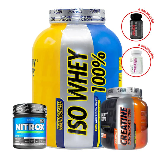 Iso Whey 5 lb + Creatina Healthy 300 gr + Nitrox 200 gr + Vitaminas a Elección - Zona FIT