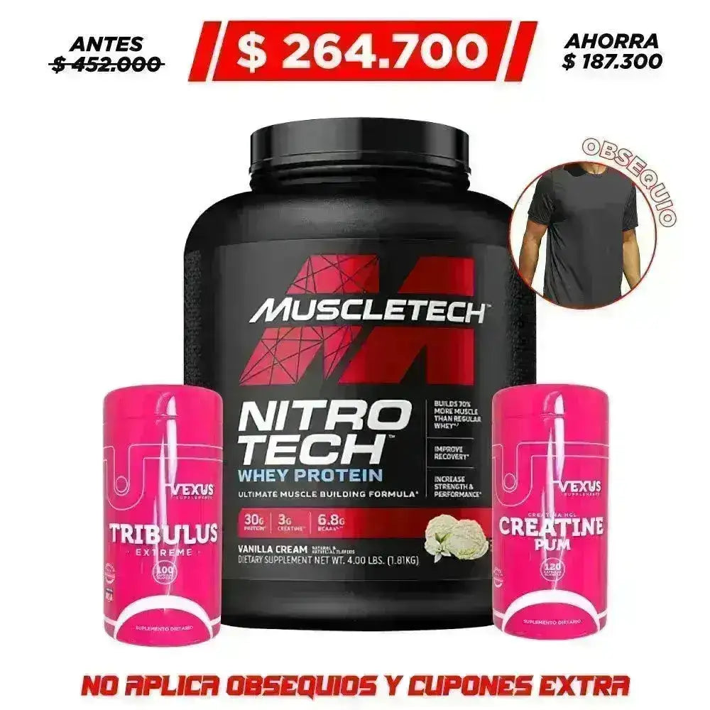 Nitrotech Whey Protein 4 lb + Creatine 120 caps + Tribulus Extreme 120 serv - Zona FIT