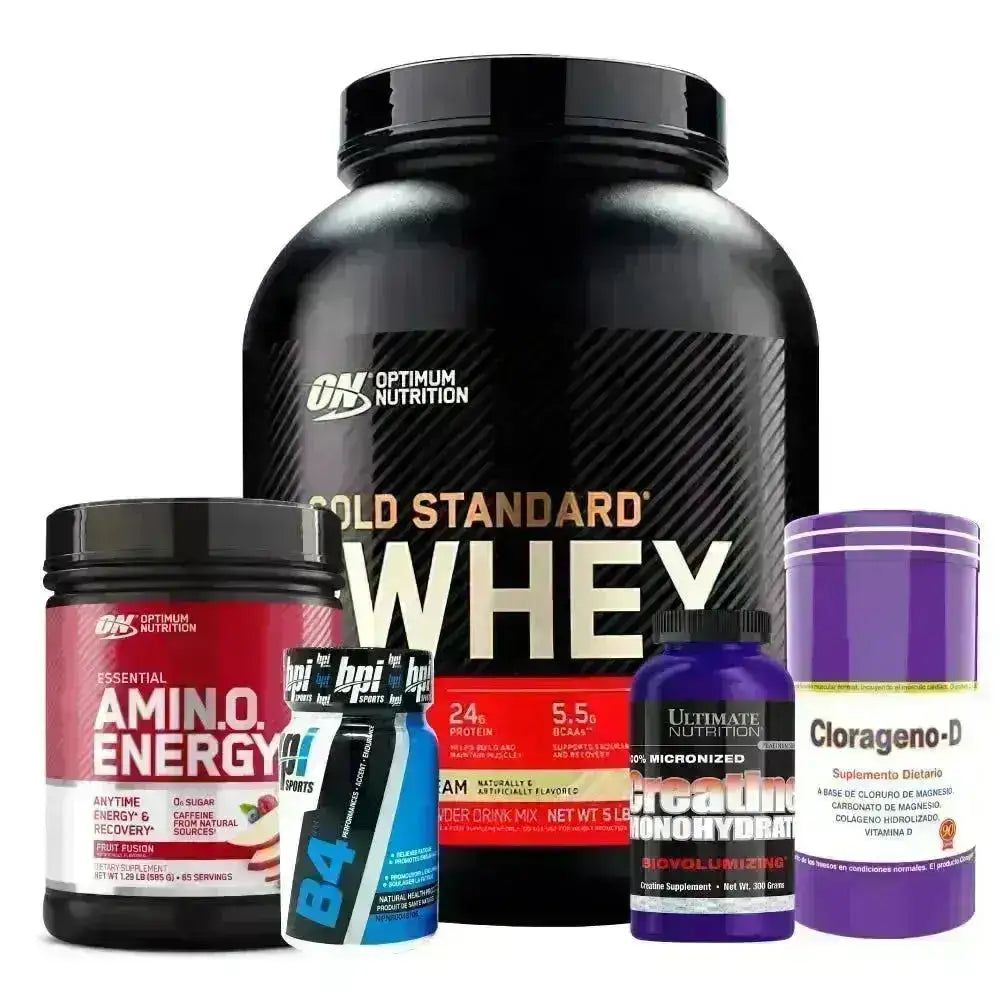 Gold Standard 5 lb + Amino Energy 65 serv + Creatine 300 gr + Clorageno-D + B4 30 caps - Zona FIT
