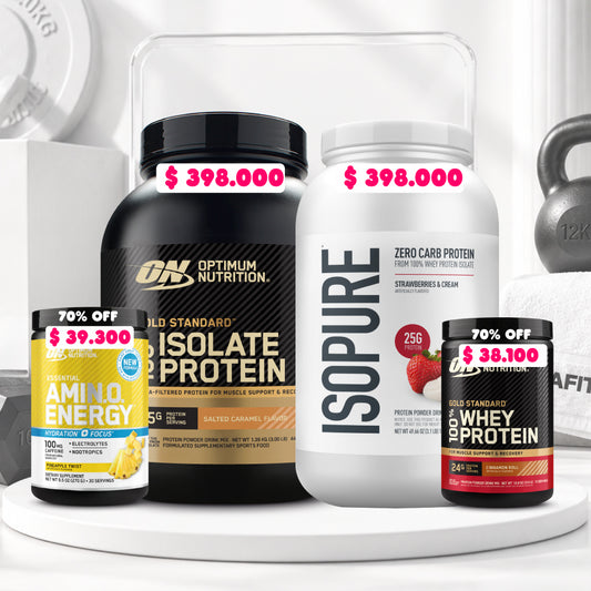 1 und Isolate 3 LB + 1 und Isopure 3 LB + 1 und Amino Energy Hydration 30 Serv (70% OFF) + 1 und Gold Standard 10 Serv (70% OFF)