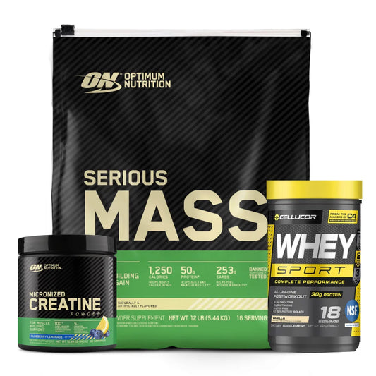 Serious Mass 12 LB + Whey Sport 18 Serv + Creatine Optimum 60 Serv