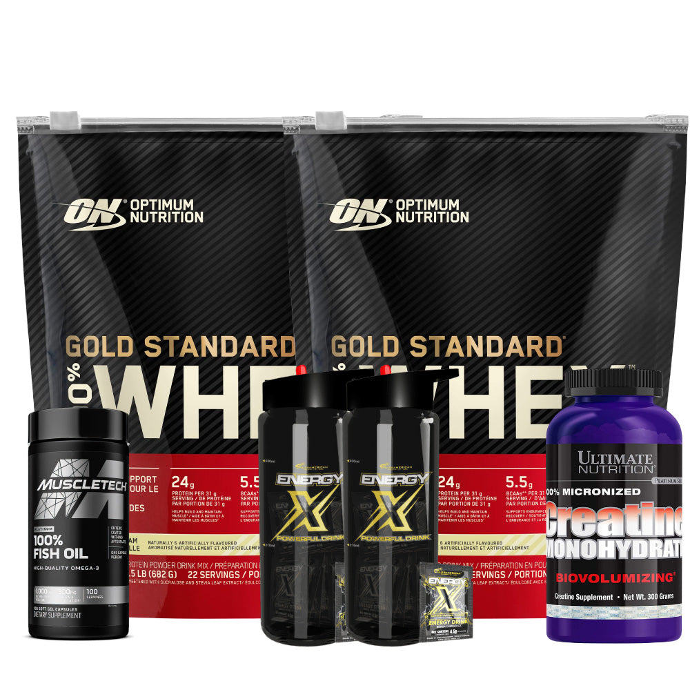 2 unid Gold Standard 22 serv + 2 Unid Energy x 25 serv + Creatine Ultimate 300 gr + Omega 3 100 caps - Zona FIT