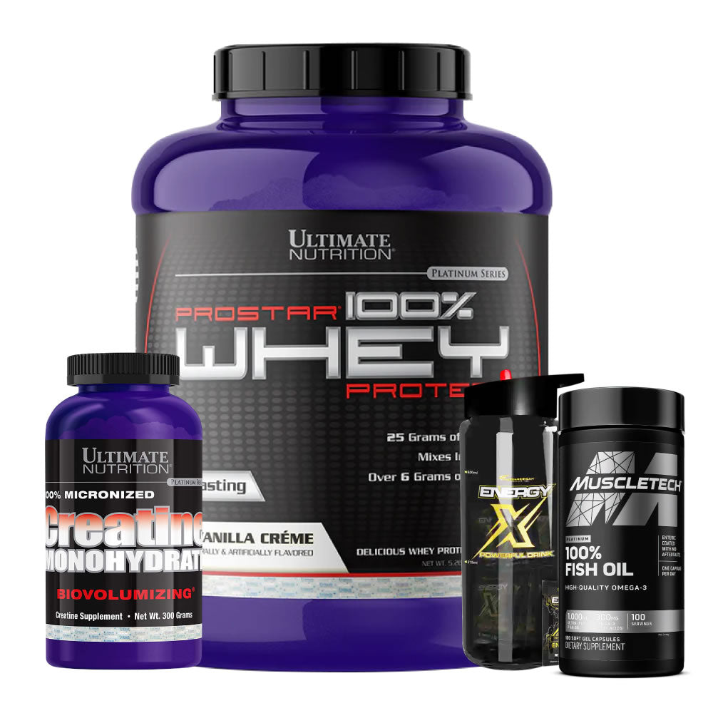 Prostar Whey 5 lb + Energy X 25 sobres + Omega 3 100 caps + Creatine Ultimate 300 gr - Zona FIT