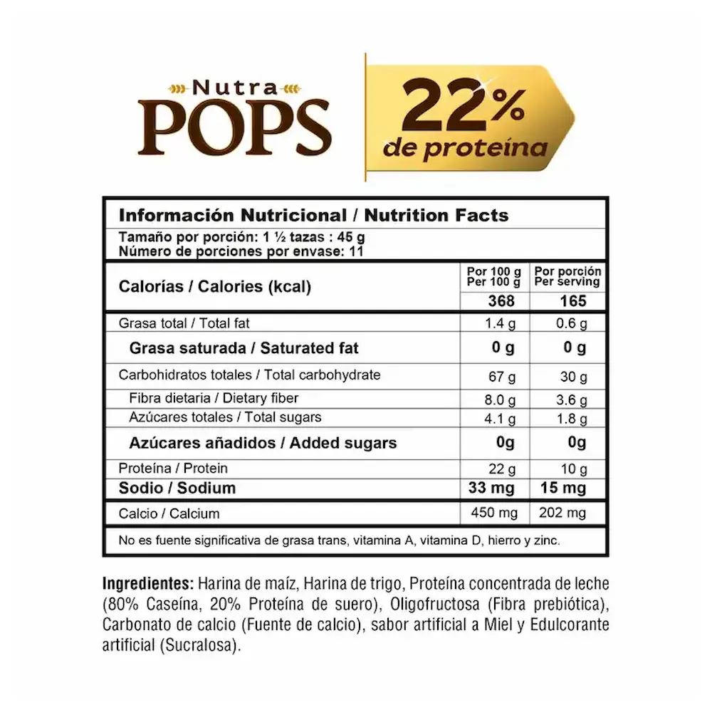 Tabla nutricional Nutra POPS con 22% proteína, ideal para suplementos fitness y deportivos en Colombia