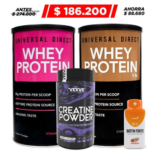 2 unid. Whey Protein 1 lb + Creatine 300 gr + Biotin Forte 50 caps - Zona FIT