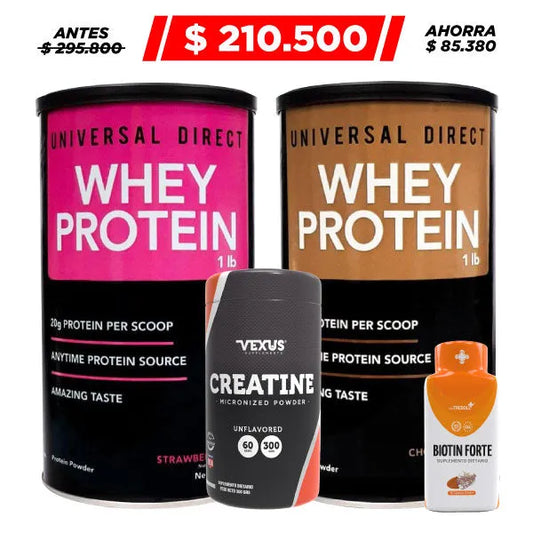 2 unid. Whey Protein 1 lb + Creatine 60 serv + Biotin Forte 50 caps - Zona FIT