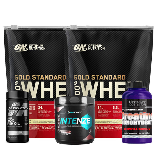 2 unid Gold Standard 22 serv + Intenze 14 serv + Creatine Ultimate 300 gr + Omega 3 100 caps - Zona FIT