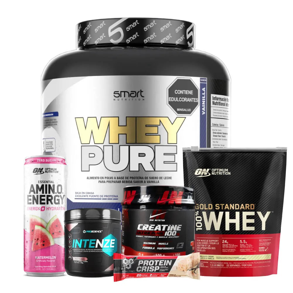 Whey Pure 5 lb + Gold Standard 22 serv + Intenze 14 serv + Creatine Iron 500 gr + Obsequios - Zona FIT