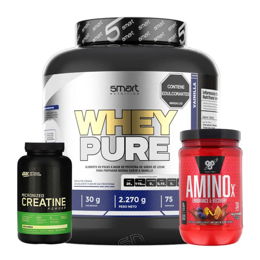 Whey Pure 5 lb + Creatine Optimum 300 gr + Amino X 30 serv - Zona FIT